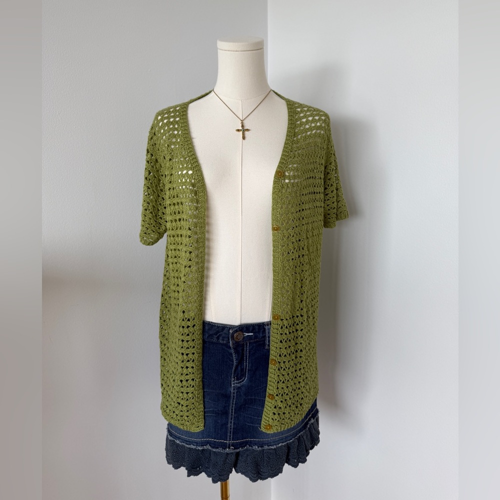 Vintage Graffiti Matcha Green Crochet Cardigan — S